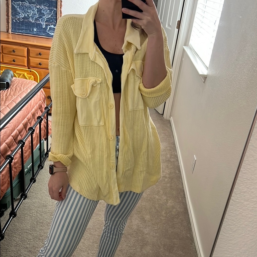 Yellow Waffle Knit Button-Up Shirt